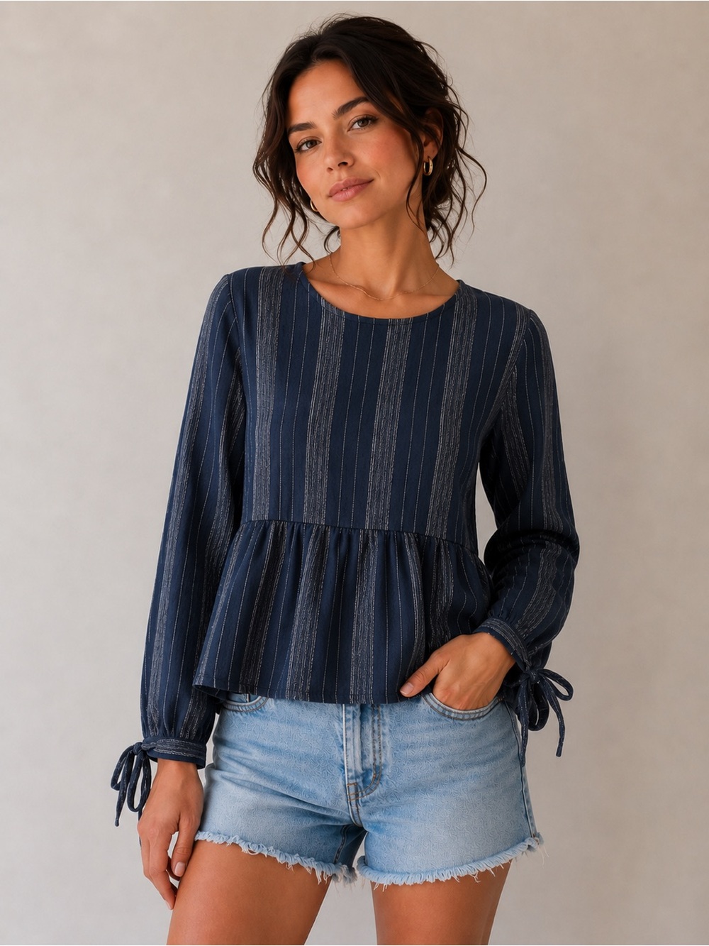 Blue Long Sleeve Peplum Blouse with Tie Front - Picture 1 of 6